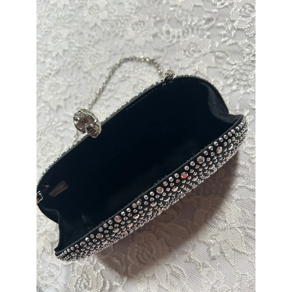 Black Satin Rhinestone Skull Evening Clutch Bag Gothic Grunge Formal Y2K Glam